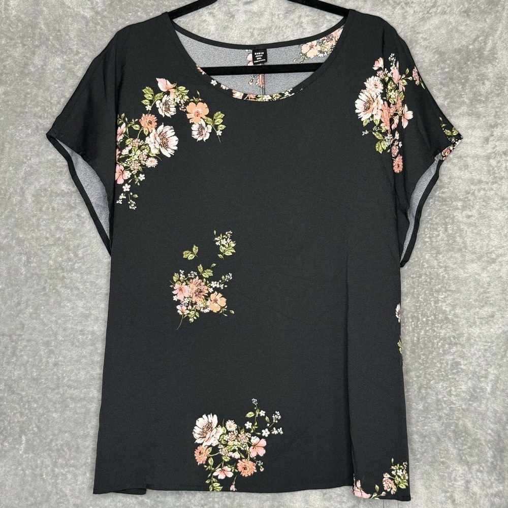 Shein 3X Shirt Top Black‎ Pink Floral Flower Cap Short Sleeve Scoop Neck Stretch